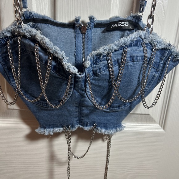 Miss 8 Blue Wash Denim Lace Up Corset L Chains Stretch Zip Back - Picture 2 of 7